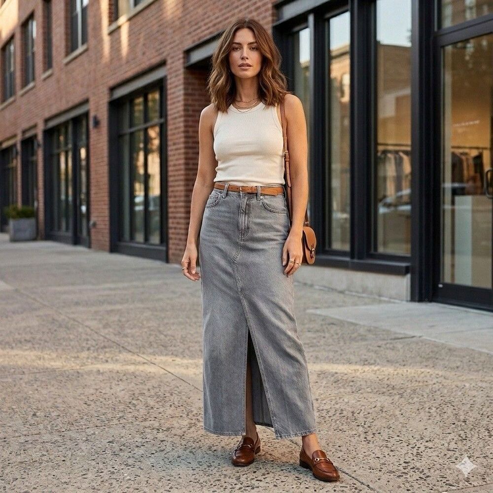 ZARA Denim Maxi Skirt S Light Wash Front Slit Boho Hippie Festival Ranch Modest